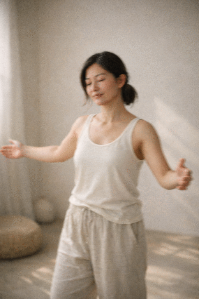 An Asian woman moving slowly in soft natural light, captured mid-motion in a calm, minimal space, symbolizing embodiment and living in alignment.