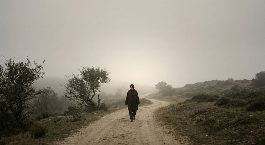 A person walking calmly along a single natural path in soft light, representing alignment and intentional movement.