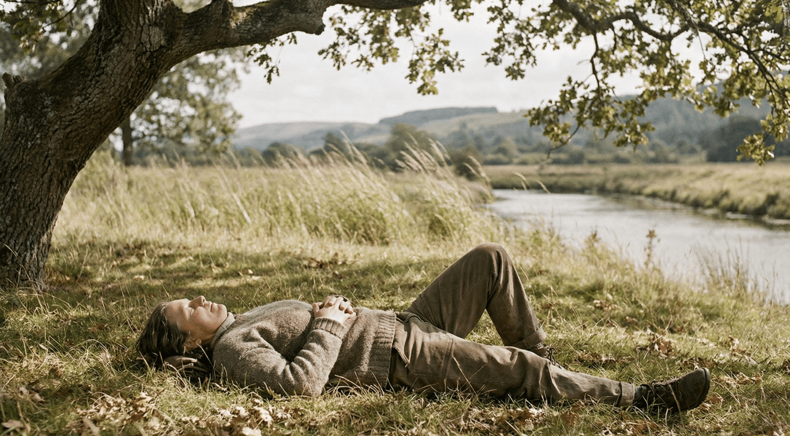 A person resting peacefully on the earth in soft natural light, symbolizing integration and mindful living in harmony with nature.