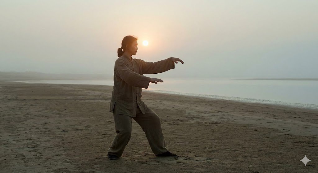 A person moving slowly in soft dawn light, surrounded by calm space, symbolizing spiritual flow and a mindful beginning to the new year.